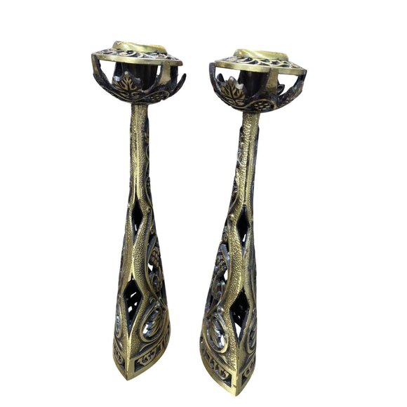Vintage Brass Shabbat Hebrew Candlestick Sconces 9.5"H x 3.5"W SKU 9318 - Picture 2 of 12